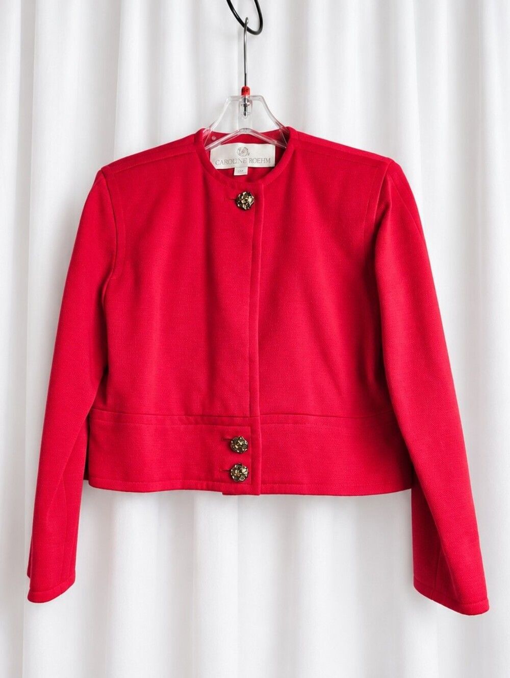 Carolyne Roehm 80s Red Union Label Sculptural Metal Buttons Cropped Retro Jacket